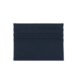 Close-up of navy blue pebbled leather card holder with four horizontal card slots