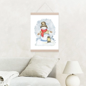 Detail of wooden magnetic hanger holding a snowman canvas poster in a cozy room setting