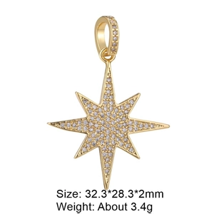 Detailed view of golden octagonal star pendant with pavé zircon setting and dimensions
