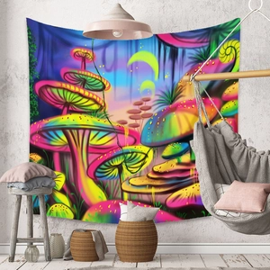 Detail of psychedelic mushroom tapestry with neon fluorescent colors for wall decor