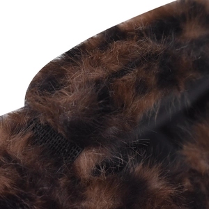 Macro shot of faux fox fur leopard print baseball cap with adjustable Velcro strap detail
