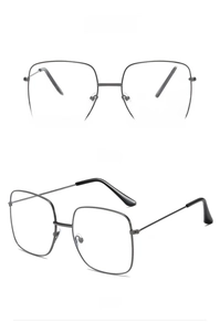 Detailed front and 45-degree side view of large square gunmetal metal optical frames