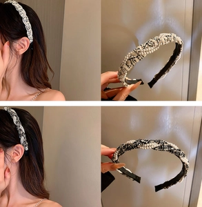 Detail of tweed and pearl braided headband showing intricate texture and model wearing