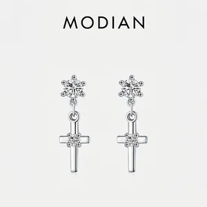 925 Sterling Silver Earring Post Cross Dangle Earrings With Sparkling Zircon Retro Elegant Jewelry For Women