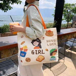 Sac fourre-tout en toile blanc cassé avec anses orange et dessins mignons