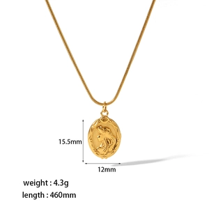 Vintage oval coin necklace with female relief pendant and gold plated snake chain