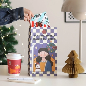 Checkered Christmas gift bag with festive girl and snowman illustration in cozy home setting