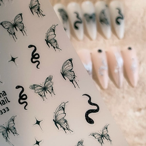 Stickers à ongles en relief papillon et serpent noir mat avec étoiles pour nail art chic