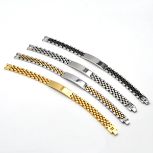 Punk style stainless steel tank link bracelets in gold, silver, and black finish with ID plates
