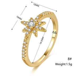 Detail view of 18k gold plated star ring with zircon size 8 showing 18.2mm inner diameter
