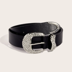 Women American Retro PU Leather Belt With Sparkling Rhinestone Horseshoe Buckle Personalized Black Waist Strap Fashion Decor Belt
