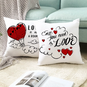 Dettaglio di federe per cuscini di San Valentino con mongolfiera a cuore e scritte Love