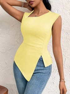 Front view of yellow asymmetric top with unique neckline and sleeveless design