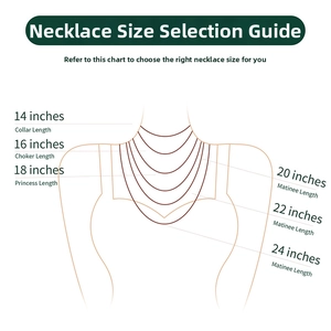 Size guide chart for Mobius ring necklace showing different lengths on a model silhouette