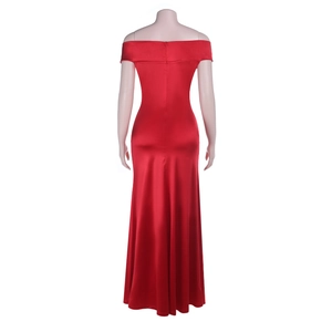 Detail of red off-shoulder satin gown showing back invisible zipper and sleek mermaid cut