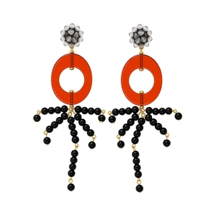 Boucles d'oreilles rétro exagérées avec perles et pompons en rouge, noir et doré