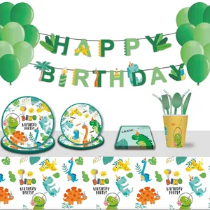 Dinosaur Theme Disposable Tableware Paper Plates Cups Napkins Plastic Cutlery Kids Birthday Party Cartoon Forest Green Decor