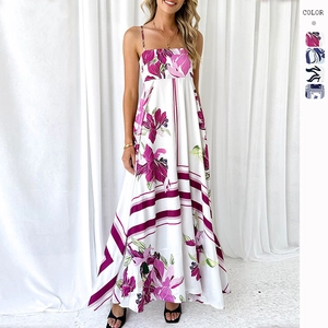 Women Floral Print Maxi Dress Spaghetti Strap Square Neck Backless Bohemian Summer Holiday Beach Polyester Long Dress