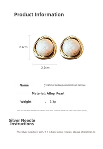 Detail view of hollow geometric pearl earrings with 925 silver needles and gold alloy