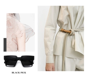 Three-panel view of black square oversized sunglasses with chic beige suit fashion styling