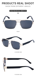 Three-angle view of gold and black aviator sunglasses with gray lenses and double bridge