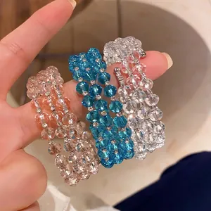 Three-layer multilayer beaded glass crystal bracelet in pink, blue and clear colors
