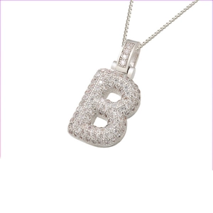 Silver hip-hop style letter B pendant necklace with pavé cubic zirconia on box chain