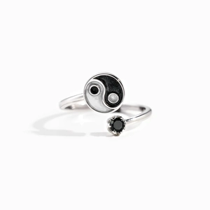 Minimalist S925 sterling silver Tai Chi open ring with black gemstone and enamel