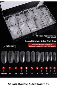 Size chart showing 10 dimensions for ultra-thin matte full cover press-on nail tips
