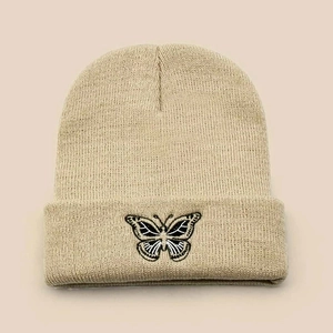 Knitted Beanie Hat Acrylic Warm Winter Cuffed Butterfly Letter Embroidery Casual Streetwear For Men Women