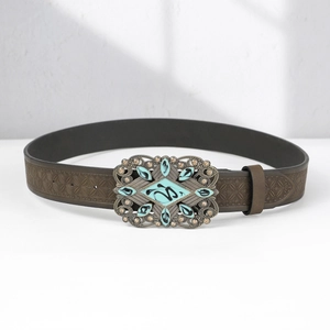 Deep brown leather belt with bronze buckle inlaid with turquoise and rhinestones