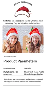 Detail view of plush Christmas hats for adults and kids featuring classic red and white fur