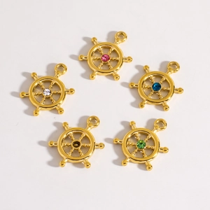 Golden vintage ship wheel pendants with five colorful rhinestones for DIY jewelry making