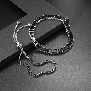 Macro detail of adjustable tennis bracelet with rectangular black zircon and silver base