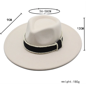 Detail view of wool wide brim jazz hat with size dimensions 56-58cm and bead trim