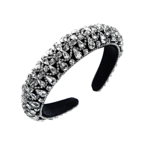 Baroque wide headband with sparkling crystals on black velvet base in top view