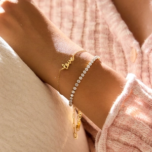 Dual layer 18K gold plated stainless steel bracelet set with LOVE script and zircon stones