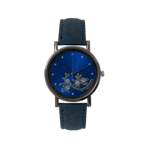 Elegant ladies quartz watch with royal blue dial, gold floral patterns and faux leather strap