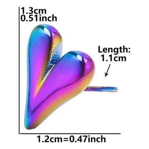 Detailed size chart for heart-shaped stainless steel earrings with iridescent finish