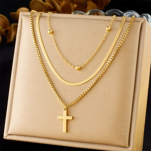 Fashion Multi Layer Cross Pendant Necklace Gold Plated Stainless Steel Snake Chain Beaded Clavicle Jewelry For Women