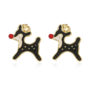 Detailed close-up of reindeer stud earrings with gold plating and red crystal nose