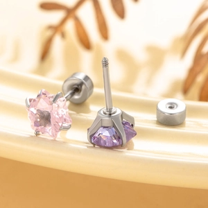 Star-shaped pink and purple zircon stud earrings in high-grade stainless steel