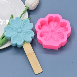 Pink sakura flower silicone mold for homemade ice cream with sticks in high-quality detail