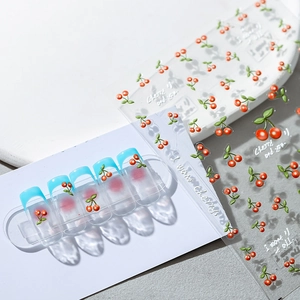 3D Embossed Cherry Nail Art Stickers Self Adhesive Ultra Thin Red Fruit Green Leaf Design DIY Manicure Decoration