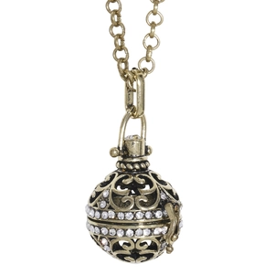 Collana con pendente a sfera cava in bronzo vintage con motivi incisi e cristalli