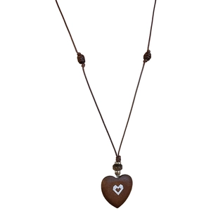Vintage heart shaped wooden pendant necklace with dark brown beads on cord