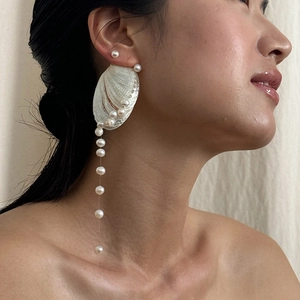 Shell Freshwater Pearl Long Tassel Dangle Earrings With 925 Sterling Silver Earring Post Bohemian Ocean Style For Women