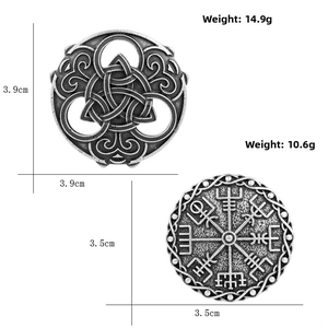Detailed size chart for vintage Viking shield brooches showing diameter and weight metrics