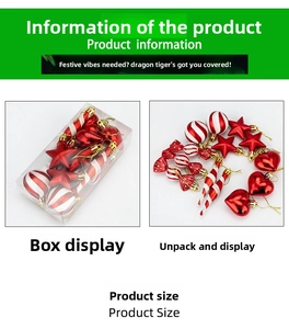 Detailed set of red 4cm Christmas ornaments including balls and stars in a transparent box