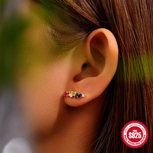 S925 Sterling Silver long rectangle earrings with rainbow colorful cubic zirconia